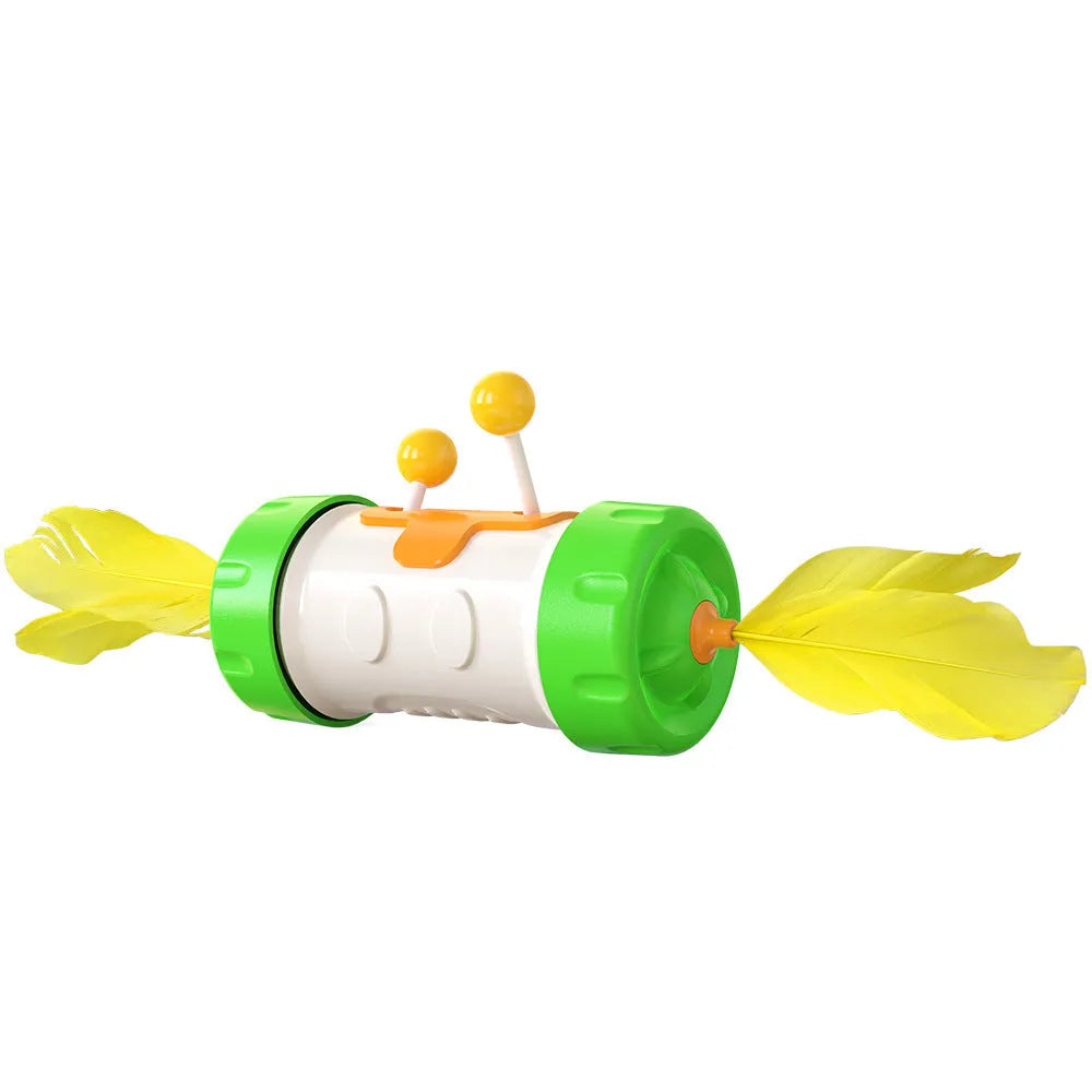 Interactive cat stick toy with blue feather ball and wobbly yellow tumbler base on a carpet.