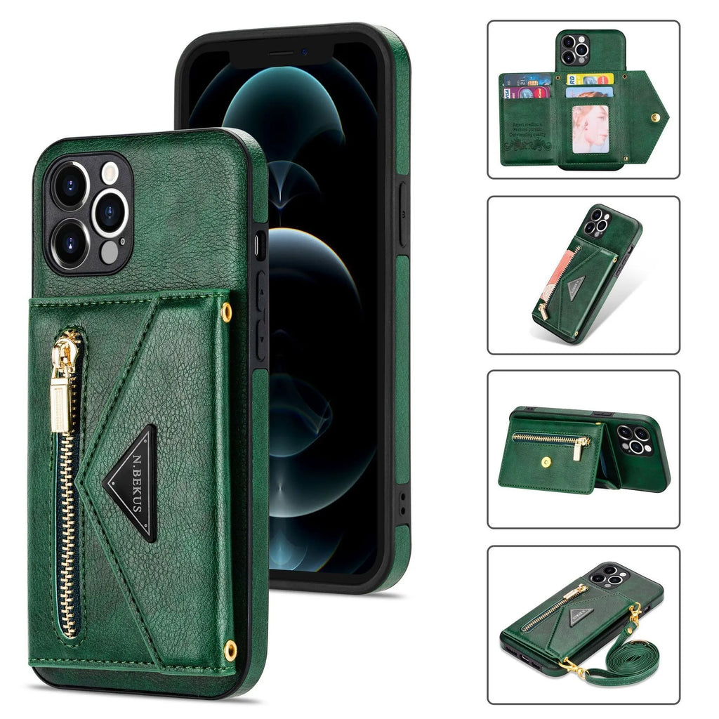 Crossbody PU TPU wallet phone case with lanyard for iPhone 14 series, available in five solid colours