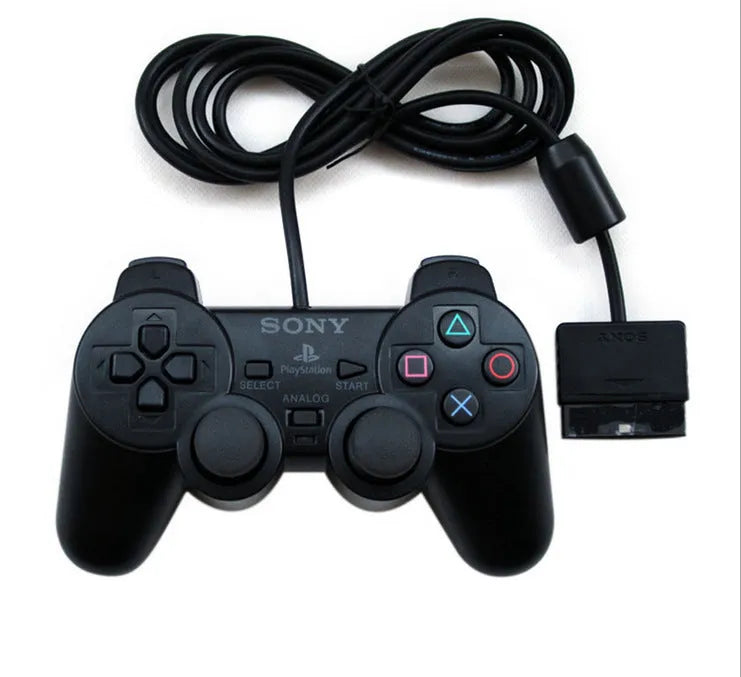 Wired PS2 game controller with USB cable, vibration function, and ABS plastic construction
