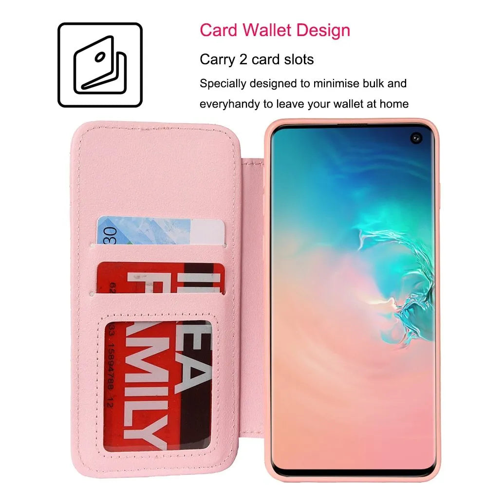 Crown card leather flip case for Samsung in black, pink, white or rose red, with PU outer and TPU inner shell.