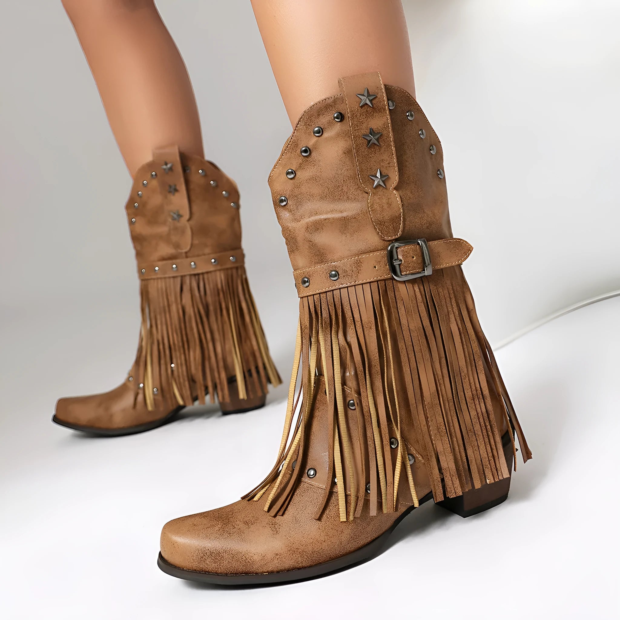 Women's Western belt buckle tassel middle boots in black with square toe and mid heel