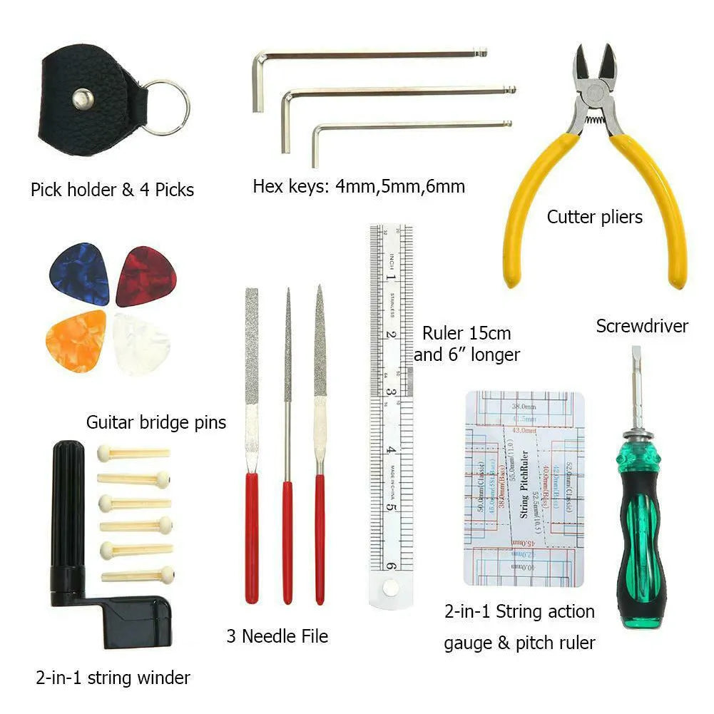 Black plastic guitar repair kit case open to show 16 chrome-plated steel tools including cutters, winders, and screwdrivers.
