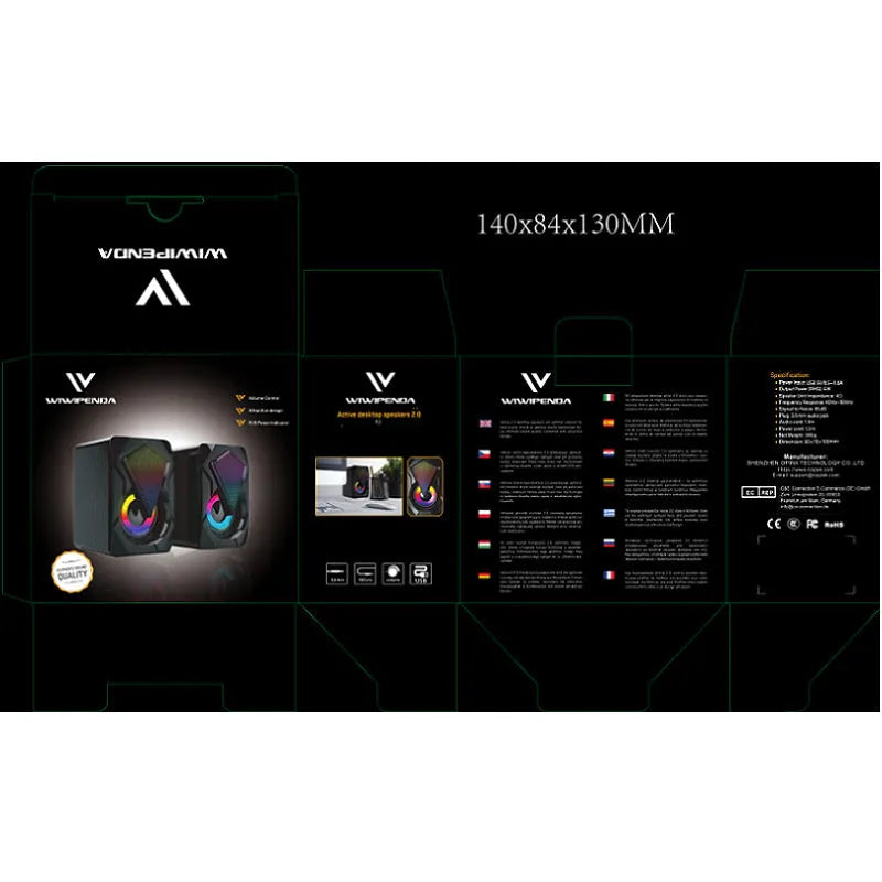 X2 RGB USB desktop multimedia speaker pair with extra bass, wired connection, and colourful lighting on a desk