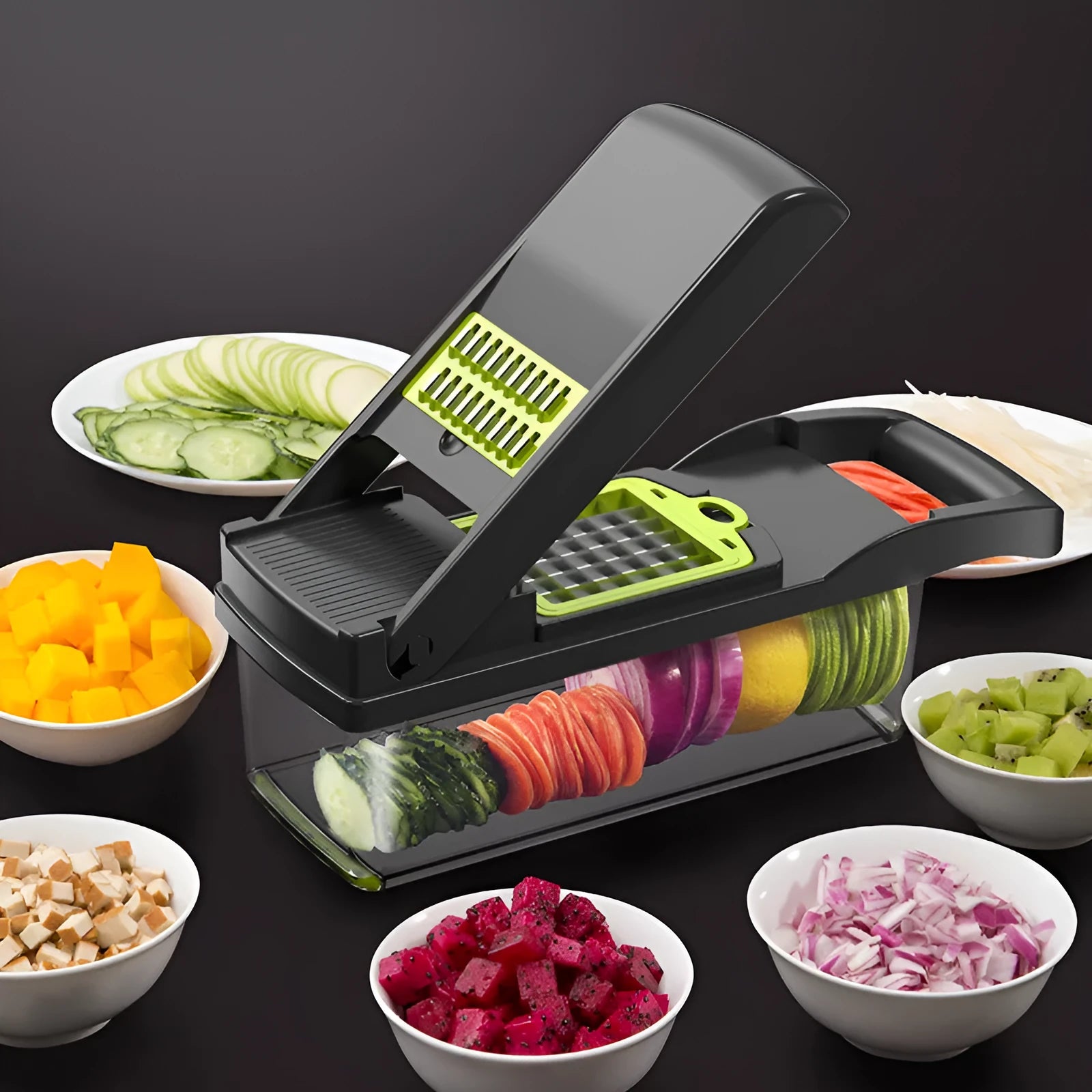 Multifunctional vegetable cutter with 7 stainless steel blades on a kitchen countertop