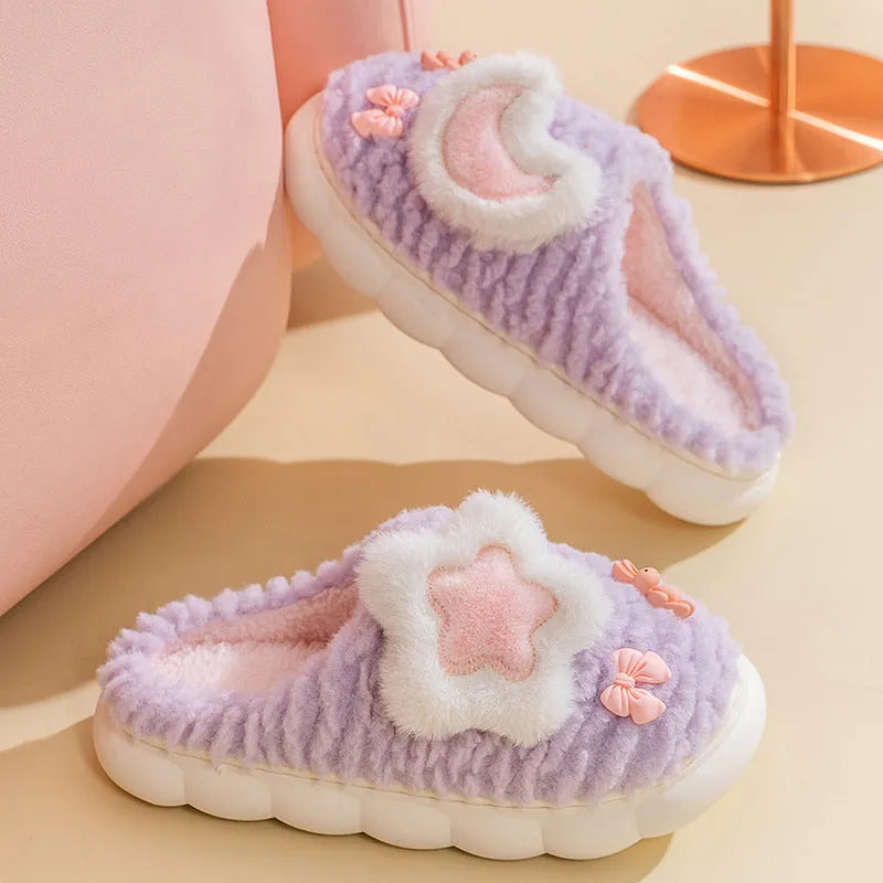 Women's light blue animal pattern fleece-lined home slippers with round toe holder and decorative flowers