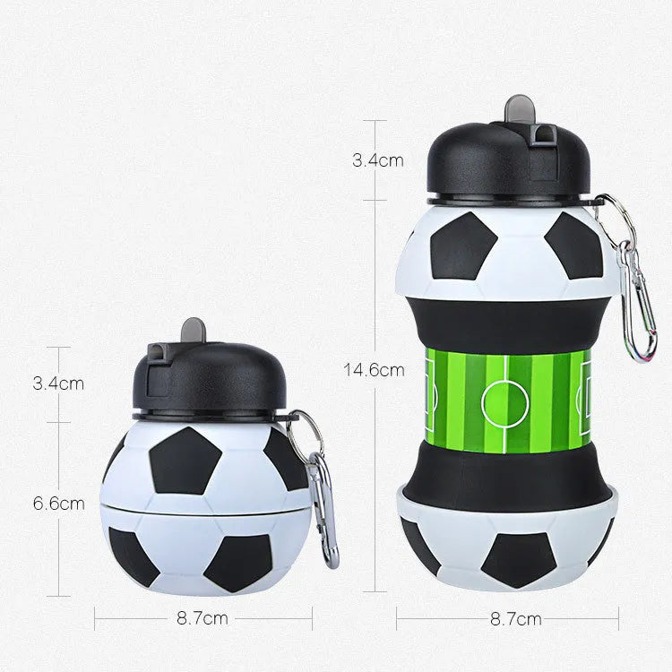 White football silicone collapsible water bottle with straw, 18oz BPA-free, leak-proof spout and carrying clip