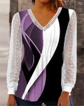 Purple women's loose V-neck top with hollow-out lace detailing on a hanger.