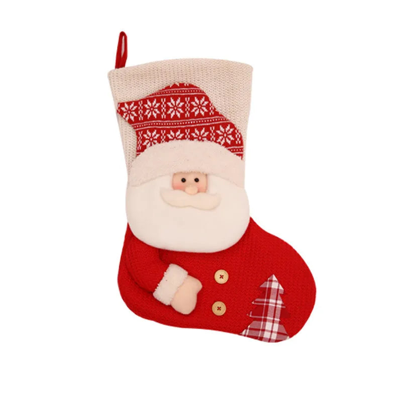 Large red and white knitted Christmas stocking with Santa Claus design for fireplace mantel decoration