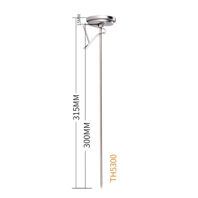Digital food thermometer with stainless steel probe showing temperature display and hygrometer reading