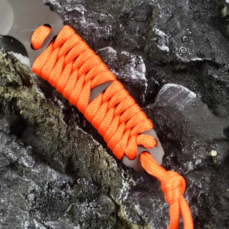 Multi-function survival knife with 80mm blade, binding rope handle and ABS sheath
