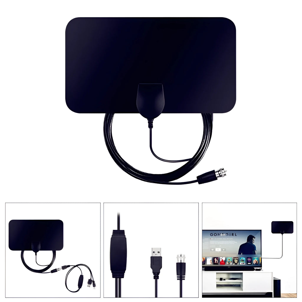 Black digital HD indoor TV antenna panel 210x120mm with coaxial cable and paste mount