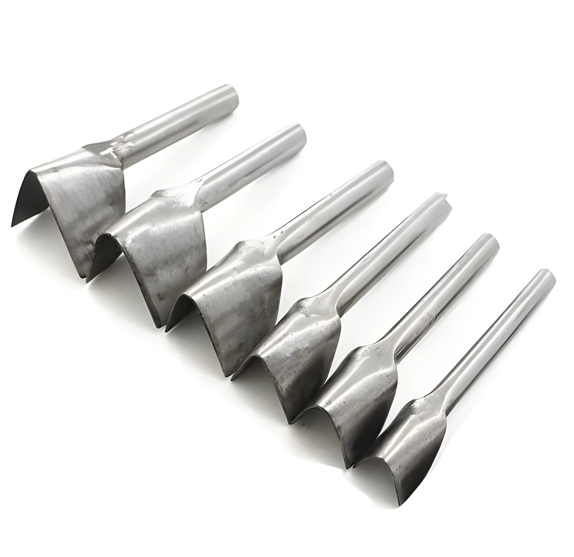 Six steel leather punch tools showing half-round and V-shaped profiles in sizes 15mm to 40mm