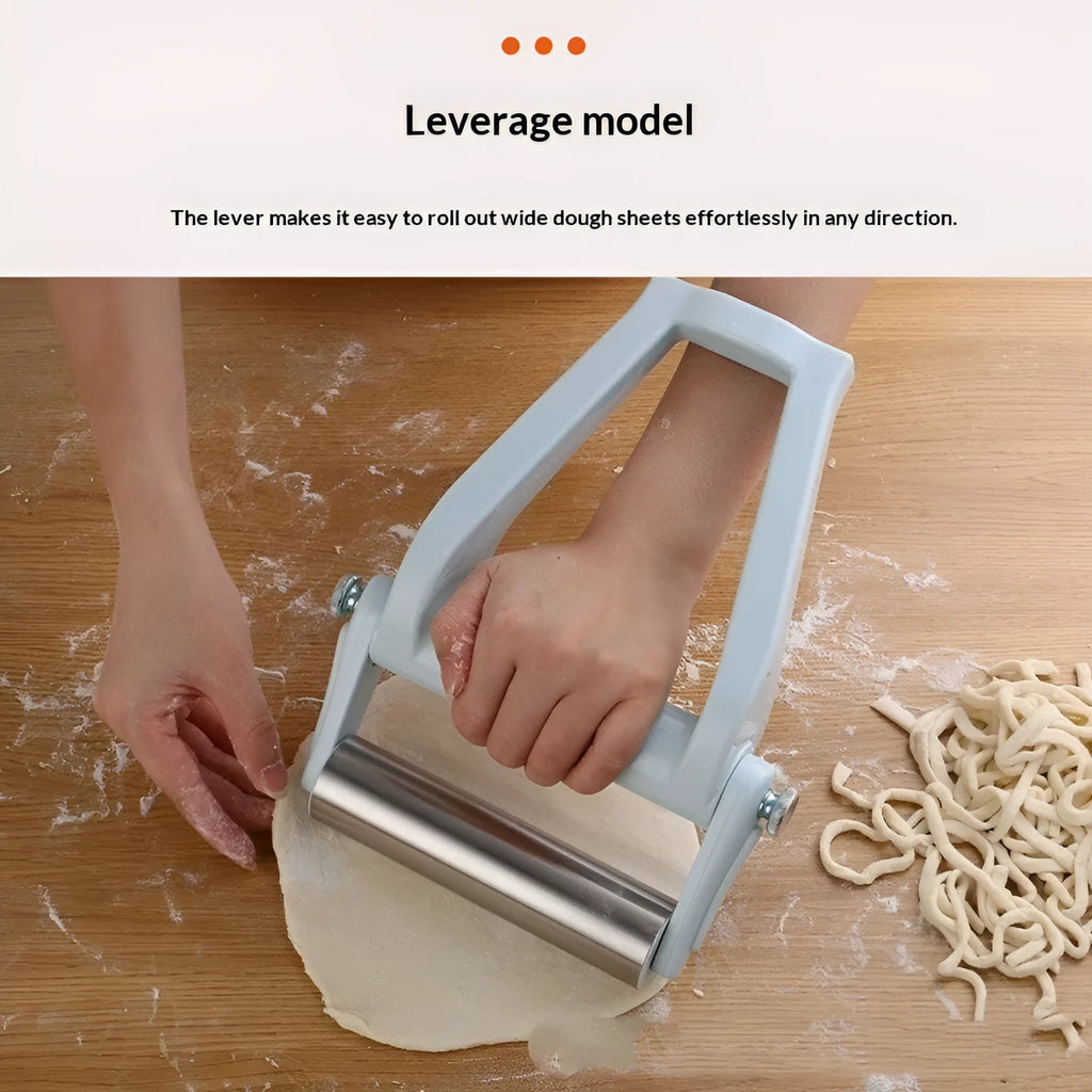 Sky blue folding stainless steel rolling pin on a white background showing its compact mechanism