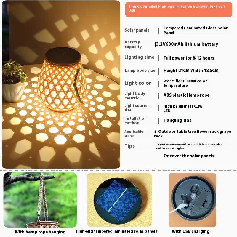 Outdoor solar lantern with imitation bamboo weaving shade casting decorative light patterns in a garden setting