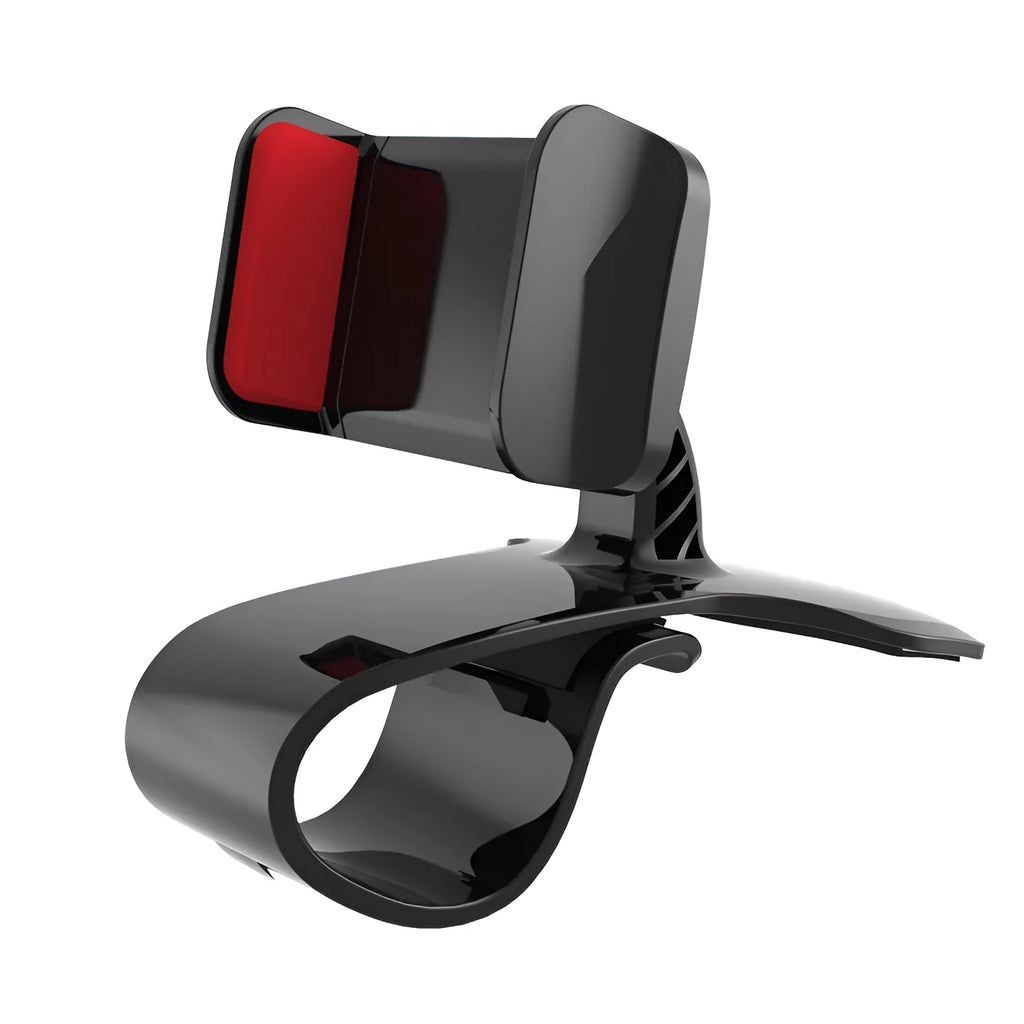 Dashboard car phone holder with silicone-grip bracket mounted on vehicle dashboard edge holding a smartphone