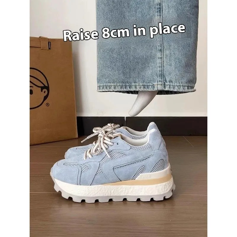 Women's platform sneakers with height-increasing insole, synthetic leather upper, rubber sole, mid heel 3-5cm, blue apricot yellow