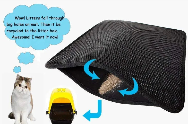 Waterproof EVA double-layer cat litter mat in black honeycomb design, size L foldable, placed under a litter box