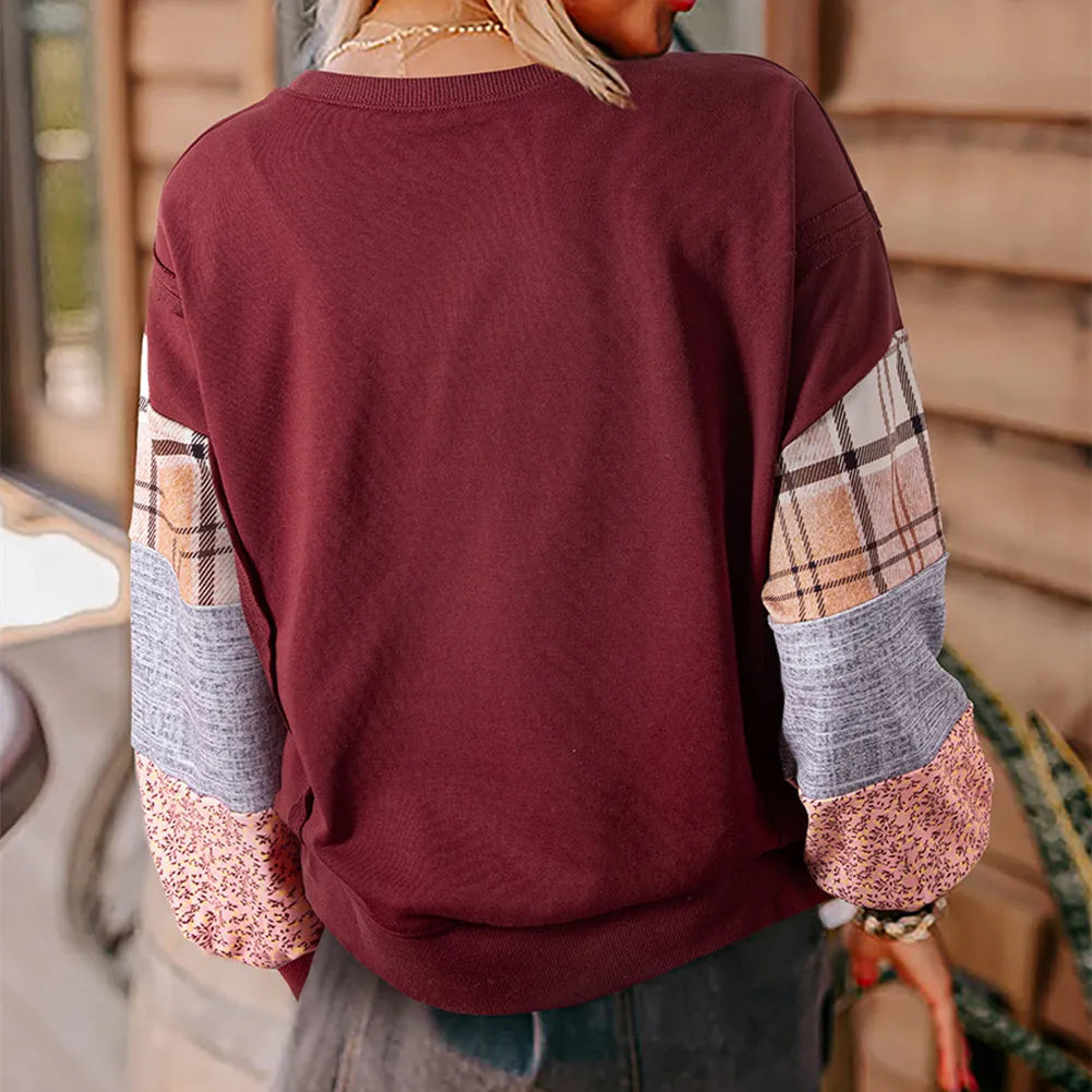 Beige and red plaid stitching women's long-sleeved loose-fit polyester top.