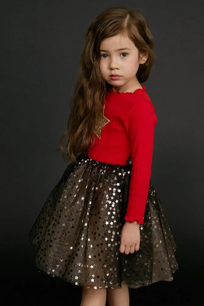 Red cotton children's Christmas dress with long princess sleeves, lace detailing, and bow accents for ages 3-8