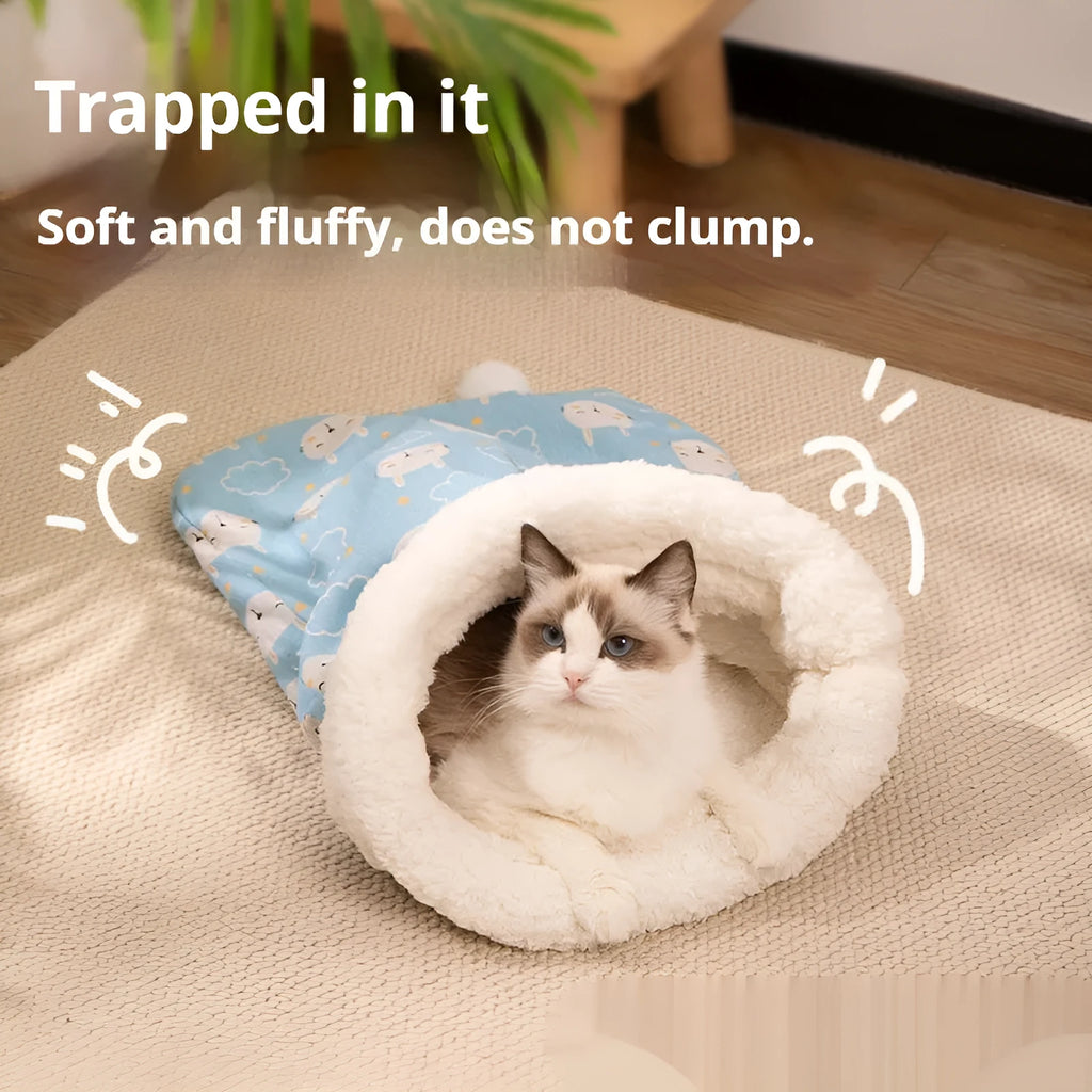 Flannel cat sleeping bag nest in pink Trojan or blue rabbit design, 50 by 40 cm.