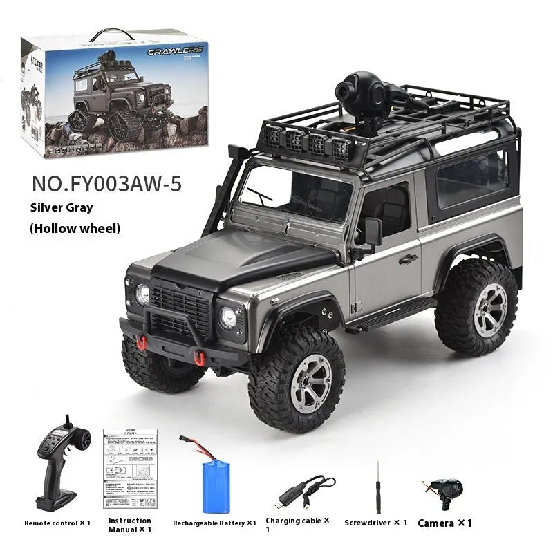 Four-wheel drive off-road RC car with controllable headlight, black, plastic body, with controller and camera on display