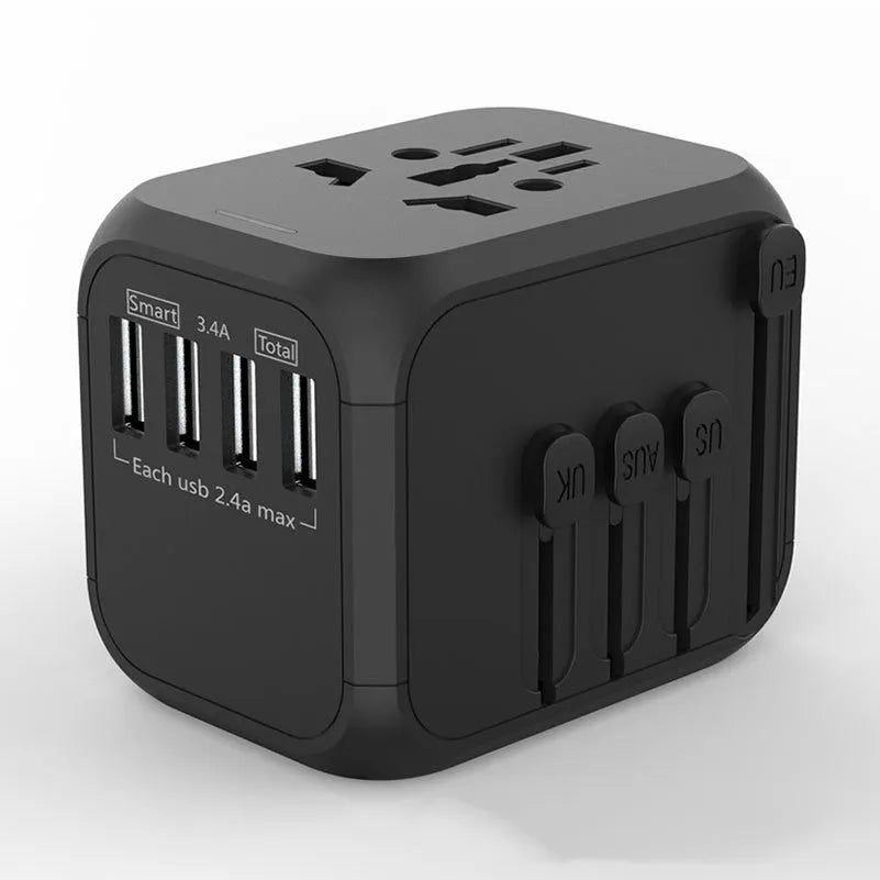 Black international conversion plug adaptor with six connection holes, 56.5x67x52mm dimensions