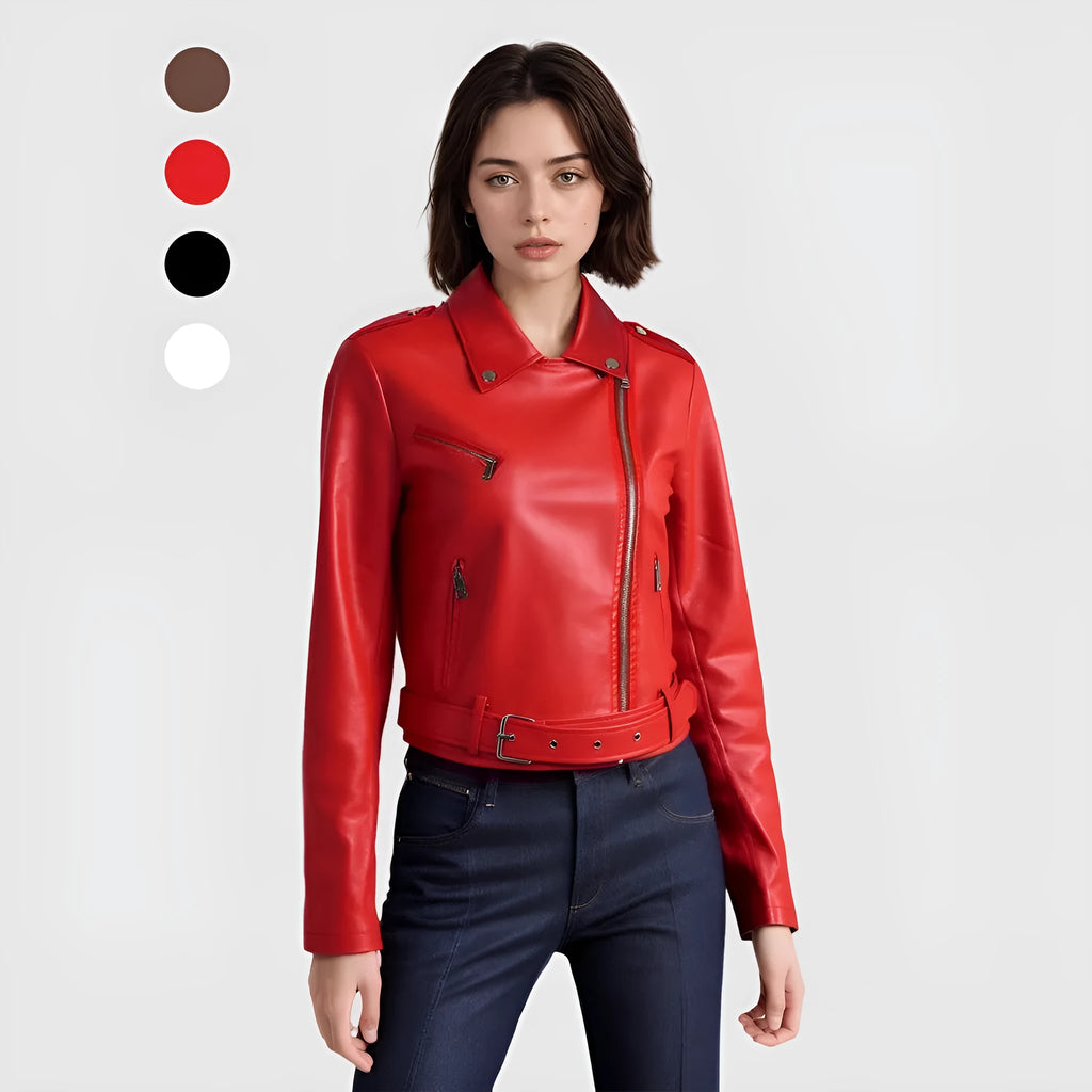 Women's short black PU leather biker jacket with an adjustable waist belt, shown on a model.