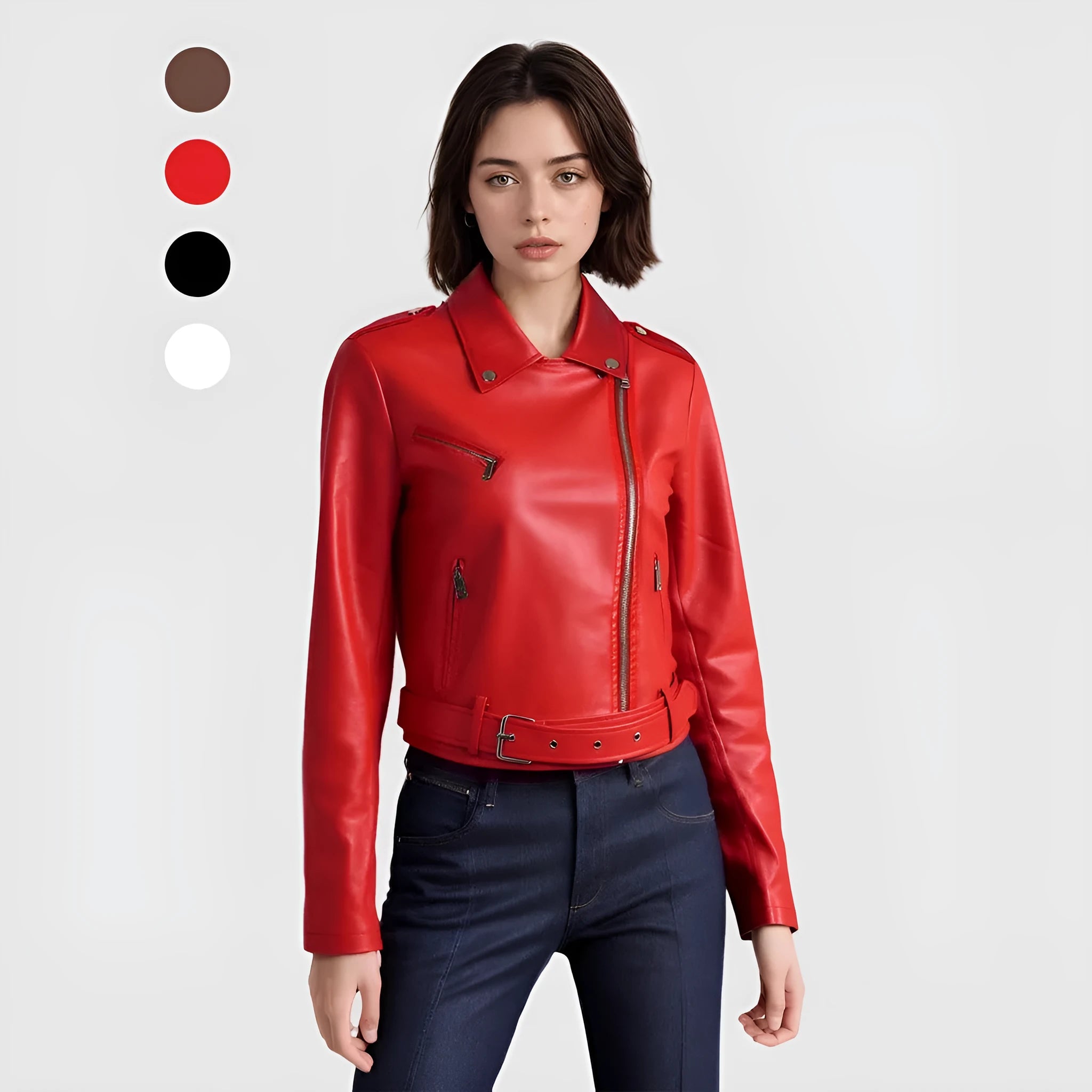 Women's short black PU leather biker jacket with an adjustable waist belt, shown on a model.