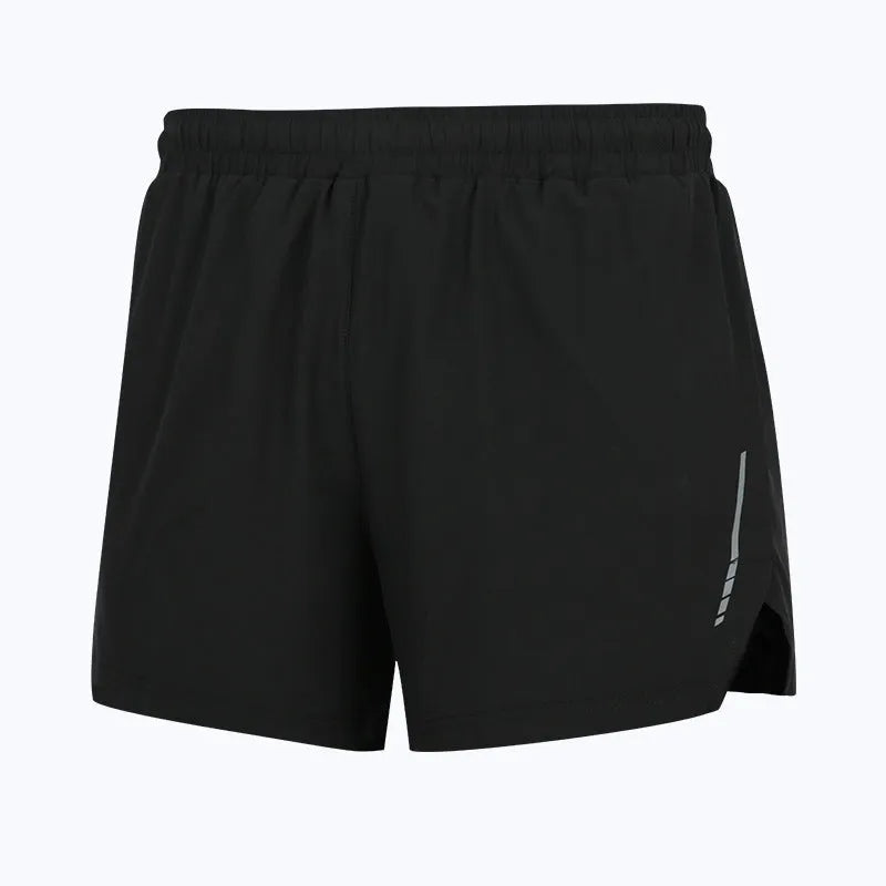 Grey straight-leg men's running shorts made from quick-dry polyester fabric on a white background.