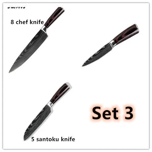 Carpenter's Special kitchen knife with laser Damascus pattern blade and coloured wood handle