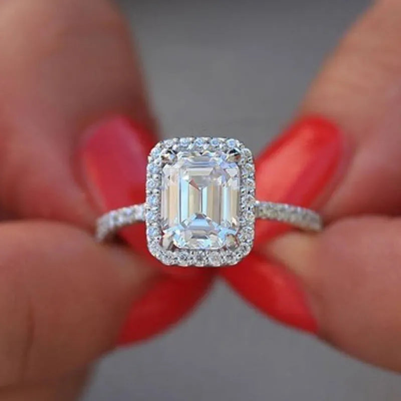3.5 carat emulation diamond rectangle princess ring in silver tone electroplated metal, geometric women's fashion ring.