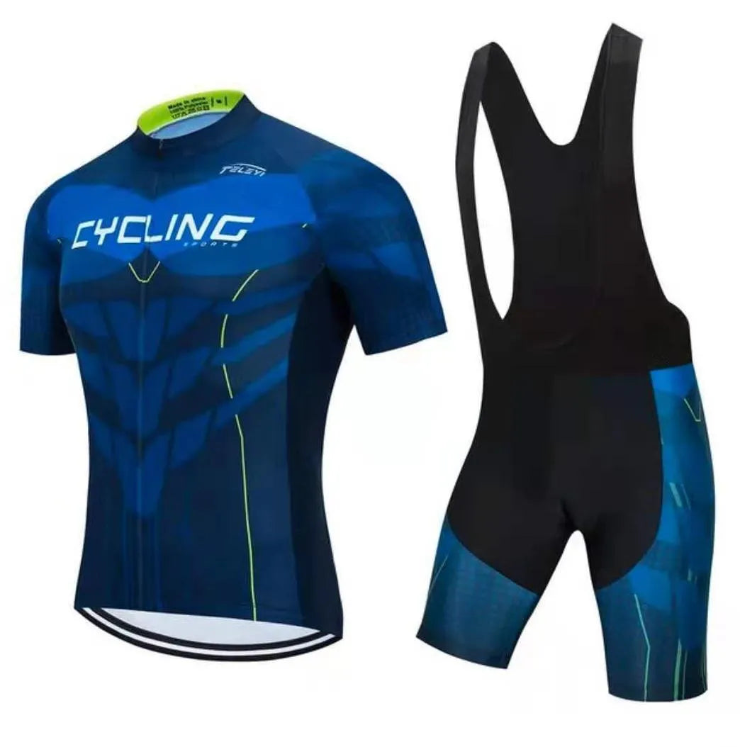 Cycling jersey and bib shorts set for men and women in a moisture-wicking fabric.