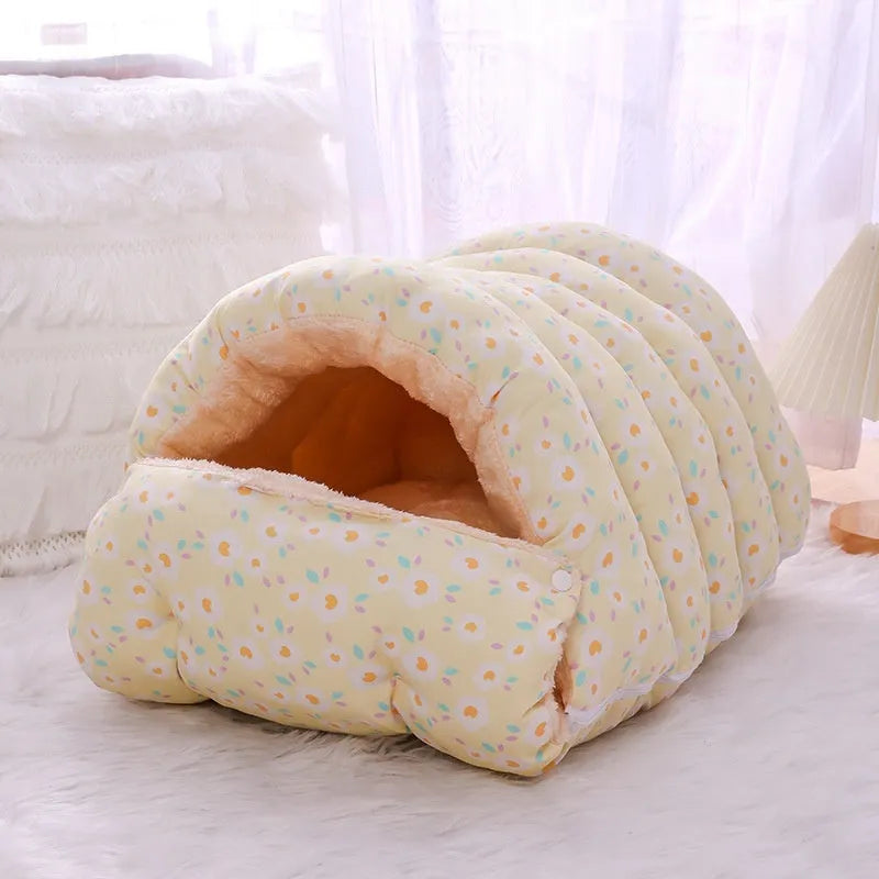 Enclosed winter cat bed with a removable cover shown in a floral pattern, suitable for cage or home use.