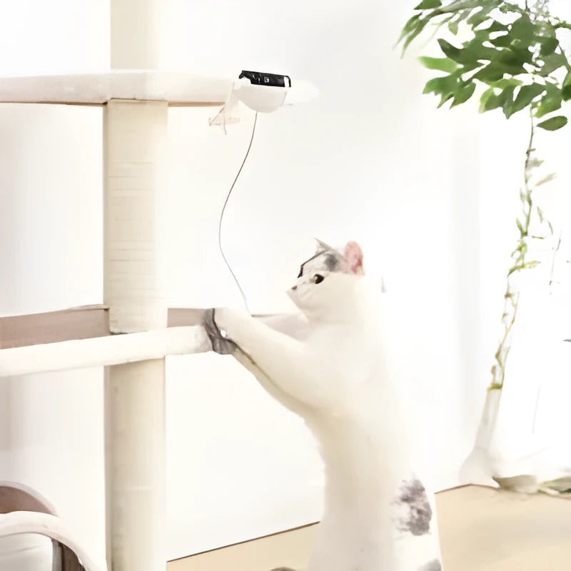 White electronic motion cat toy with ABS body, rope and fur ball accessory, 7cm ball diameter
