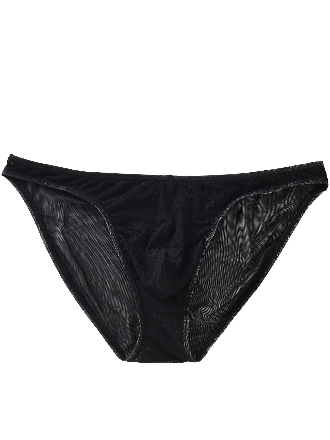 Men's black low-rise nylon briefs laid flat, showing the knit fabric texture and waistband.