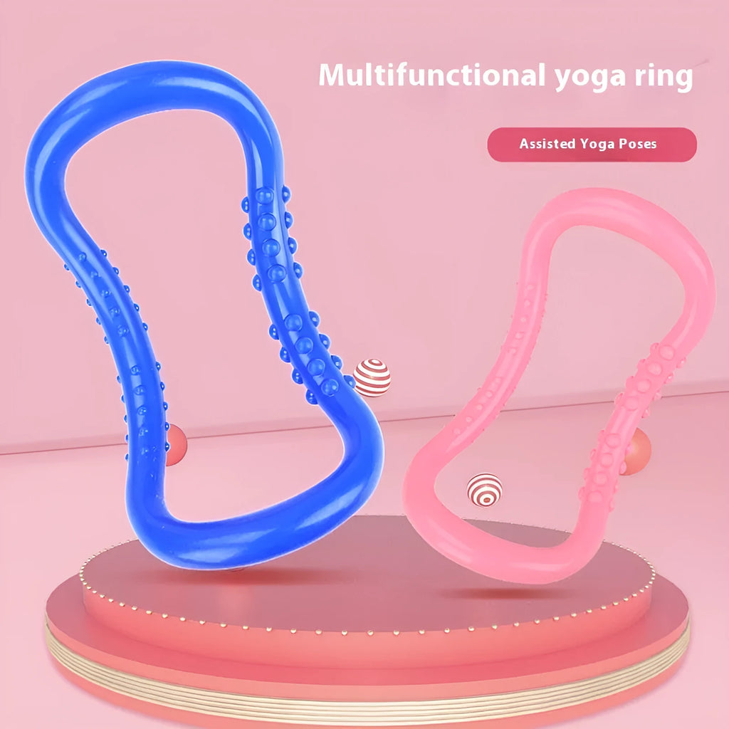 Blue, pink, and purple PP plastic yoga rings for stretching and pilates.