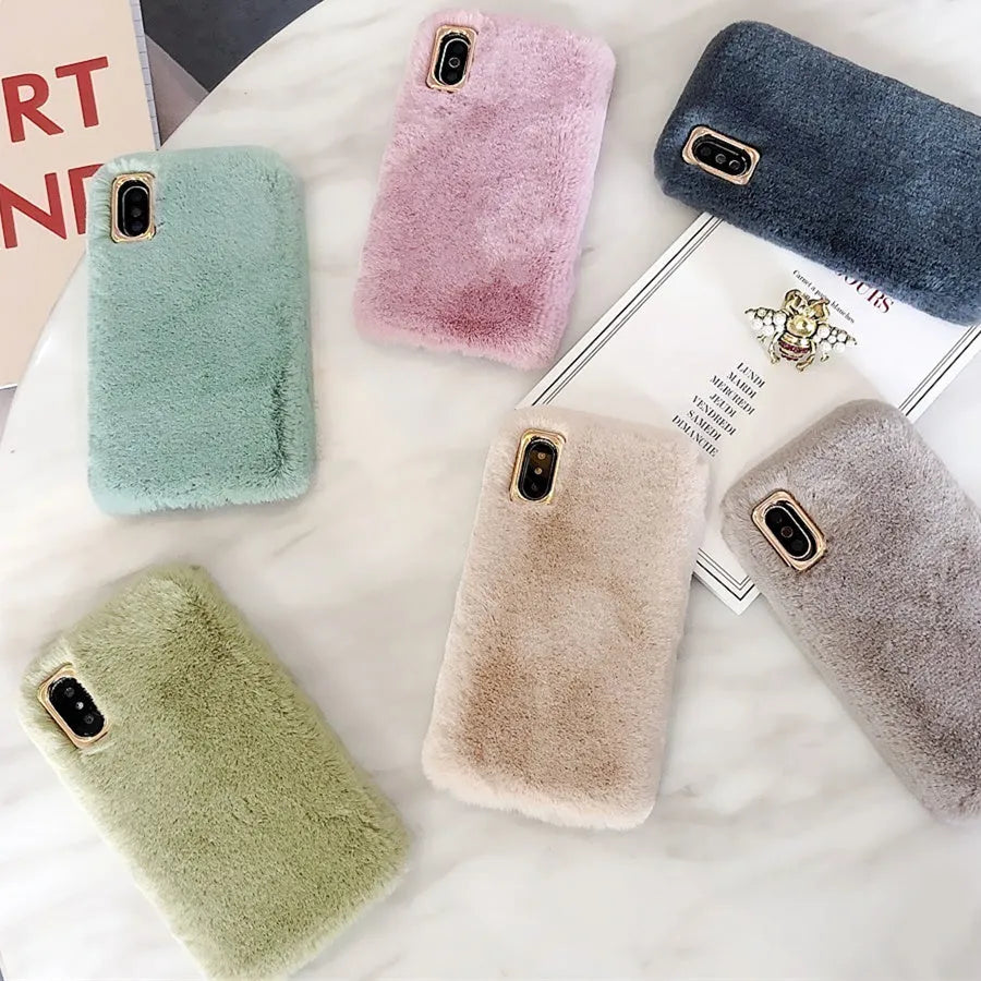 Soft rabbit plush phone case for iPhone with a removable silicone inner shell