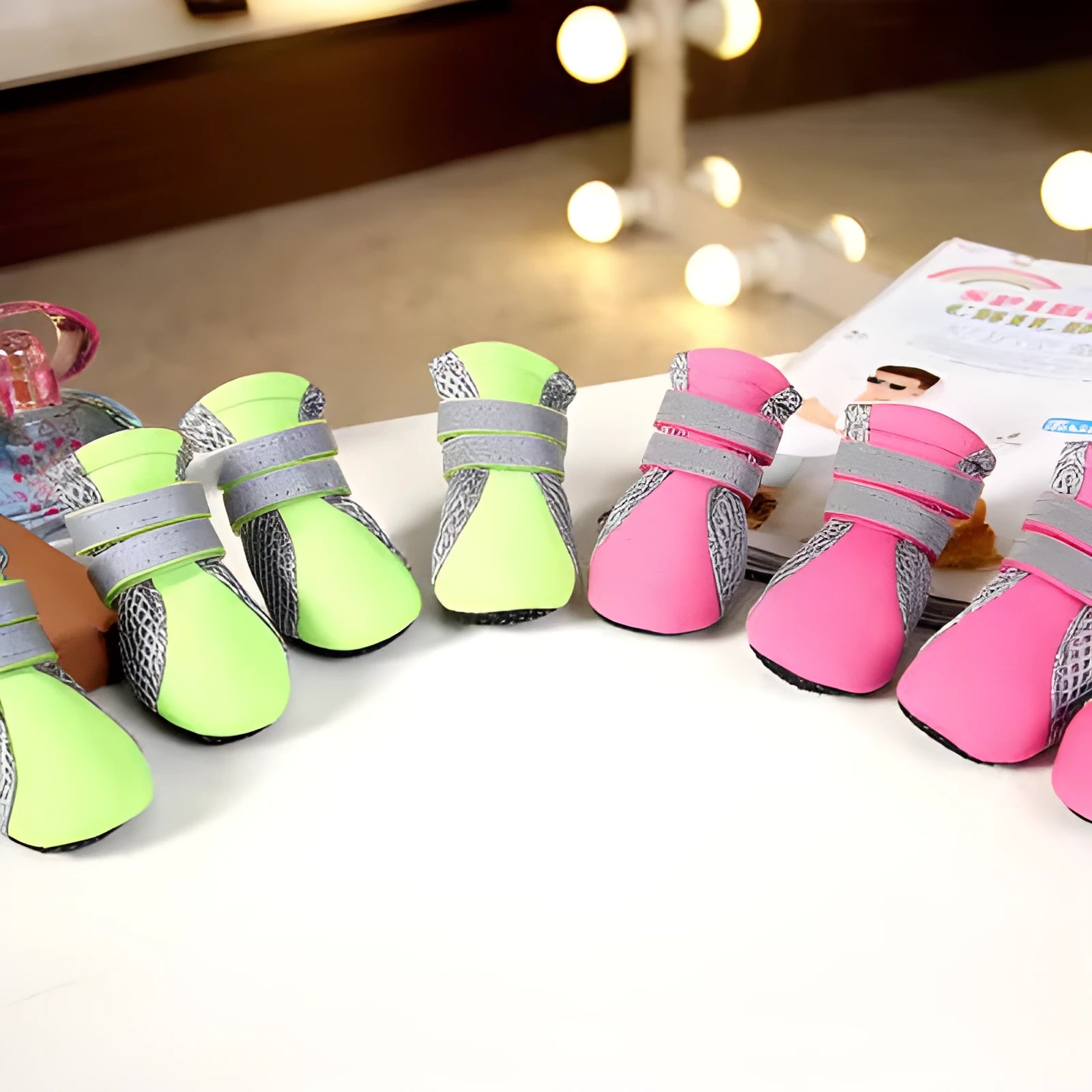 Teddy dog shoes with reflective double magic wand closure, rubber sole, and breathable mesh in black, pink and green colours