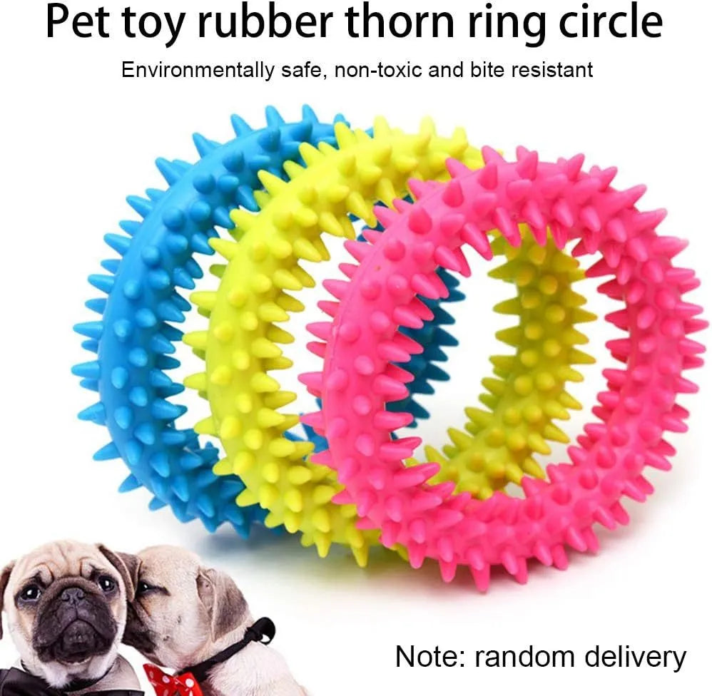 Blue TPR spiky ring dog chew toy for dental care and bite training, 9.5cm diameter.