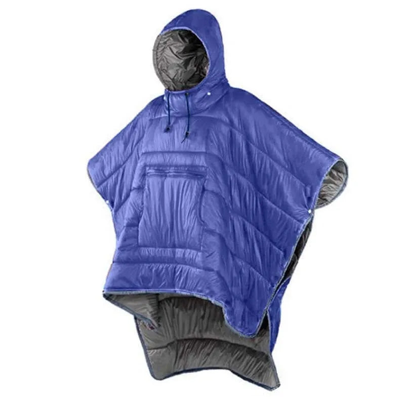 Outdoor cloak sleeping bag worn as cape showing grey colour and 200x140cm dimensions