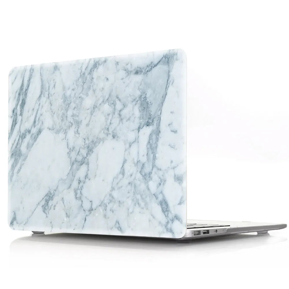 Plastic MacBook protective case in marble pattern showing front and side views