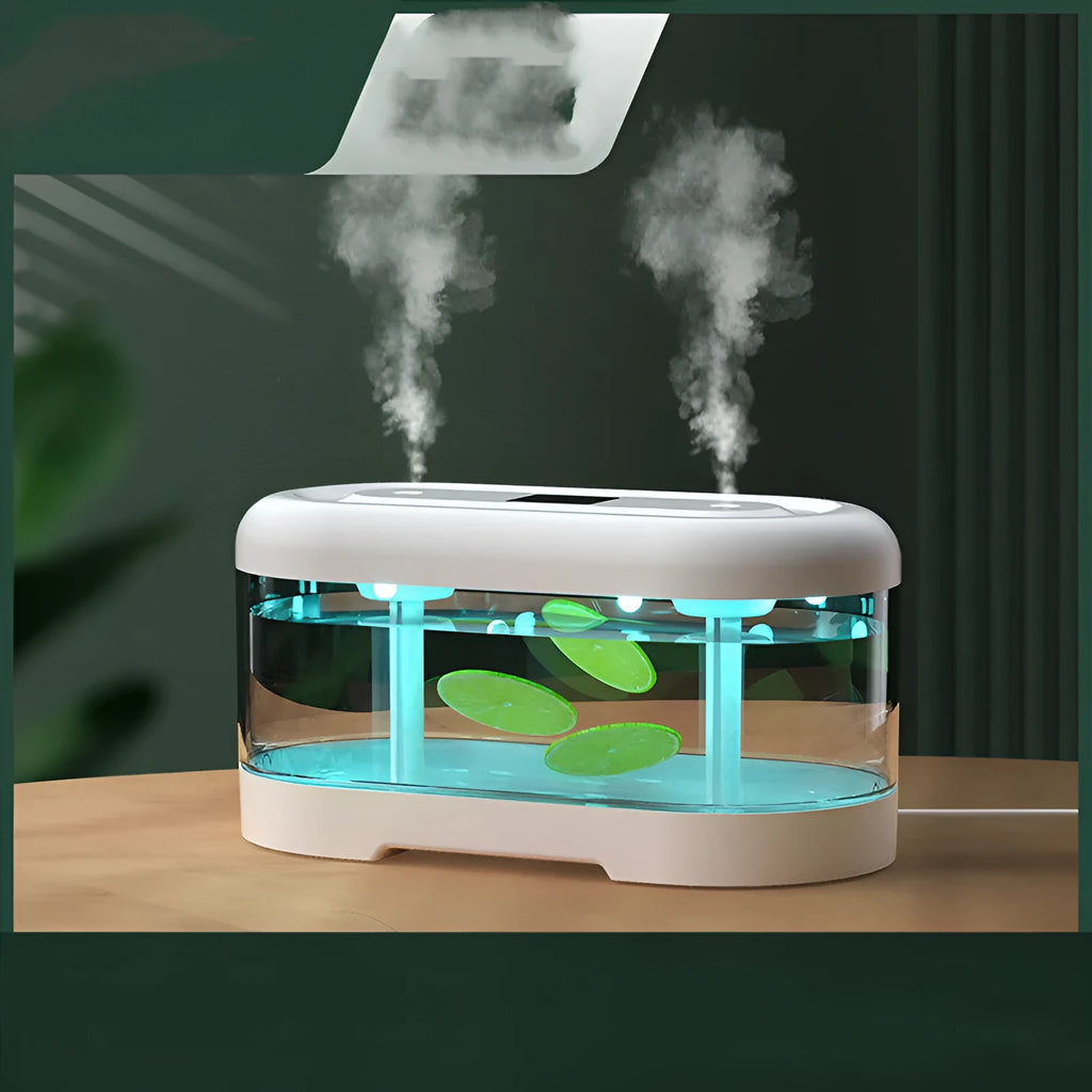 USB humidifier with 1.0-2.5L tank, two fog outlets, round 26.5 x 14.5 x 15.5cm body, White or Morandi