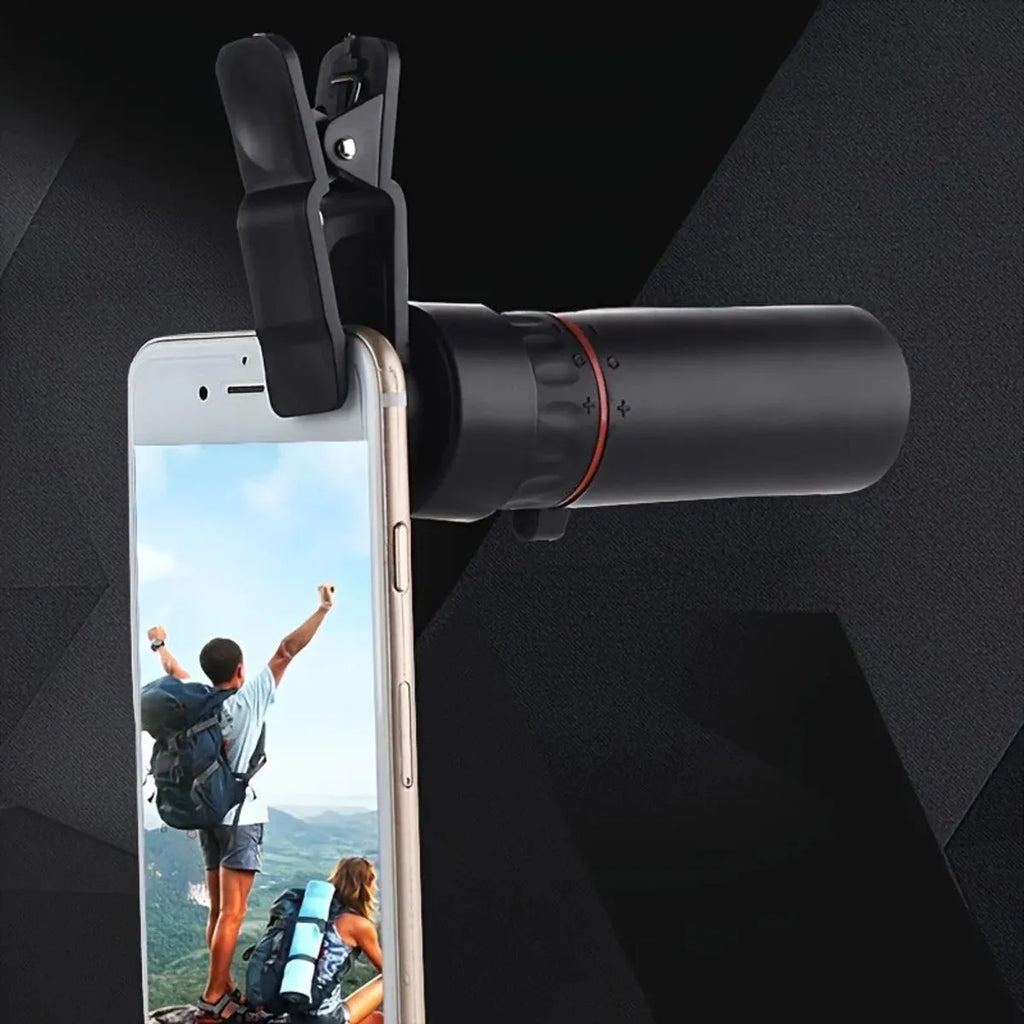 Black monocular telescope with rubber exterior and mobile phone holder attachment for outdoor use