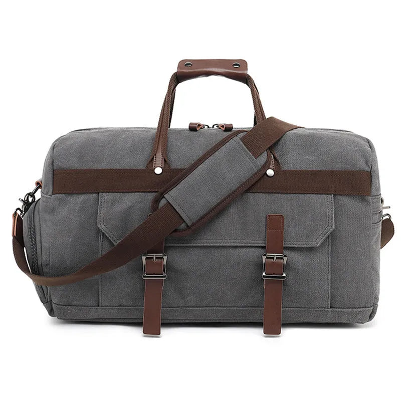 Men's canvas crossbody travel bag in black, brown or grey with 36-55 litre capacity