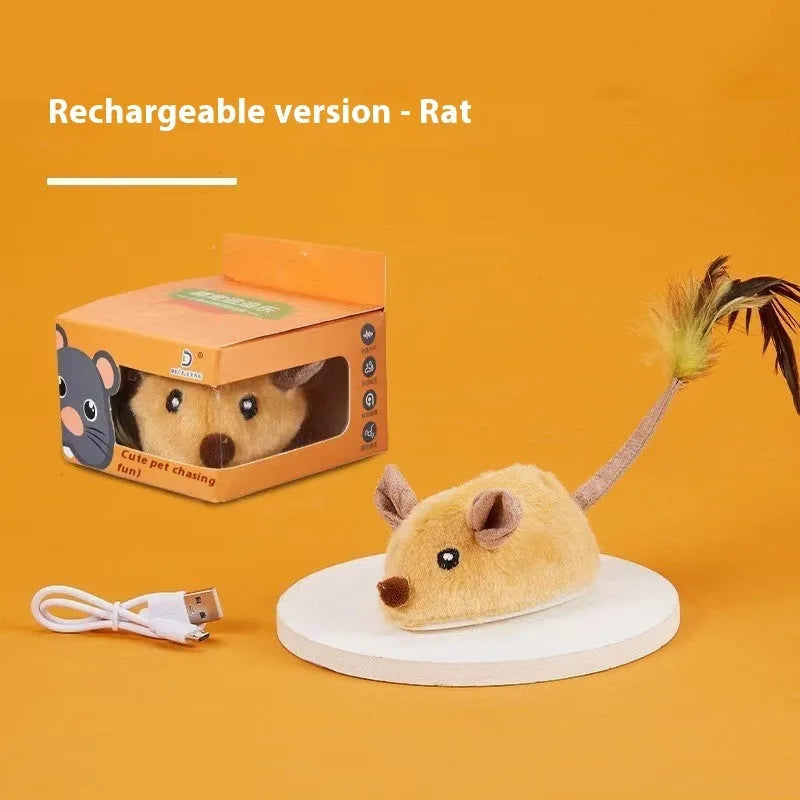 Electric plush mouse cat toy with remote control showing forward motion on floor