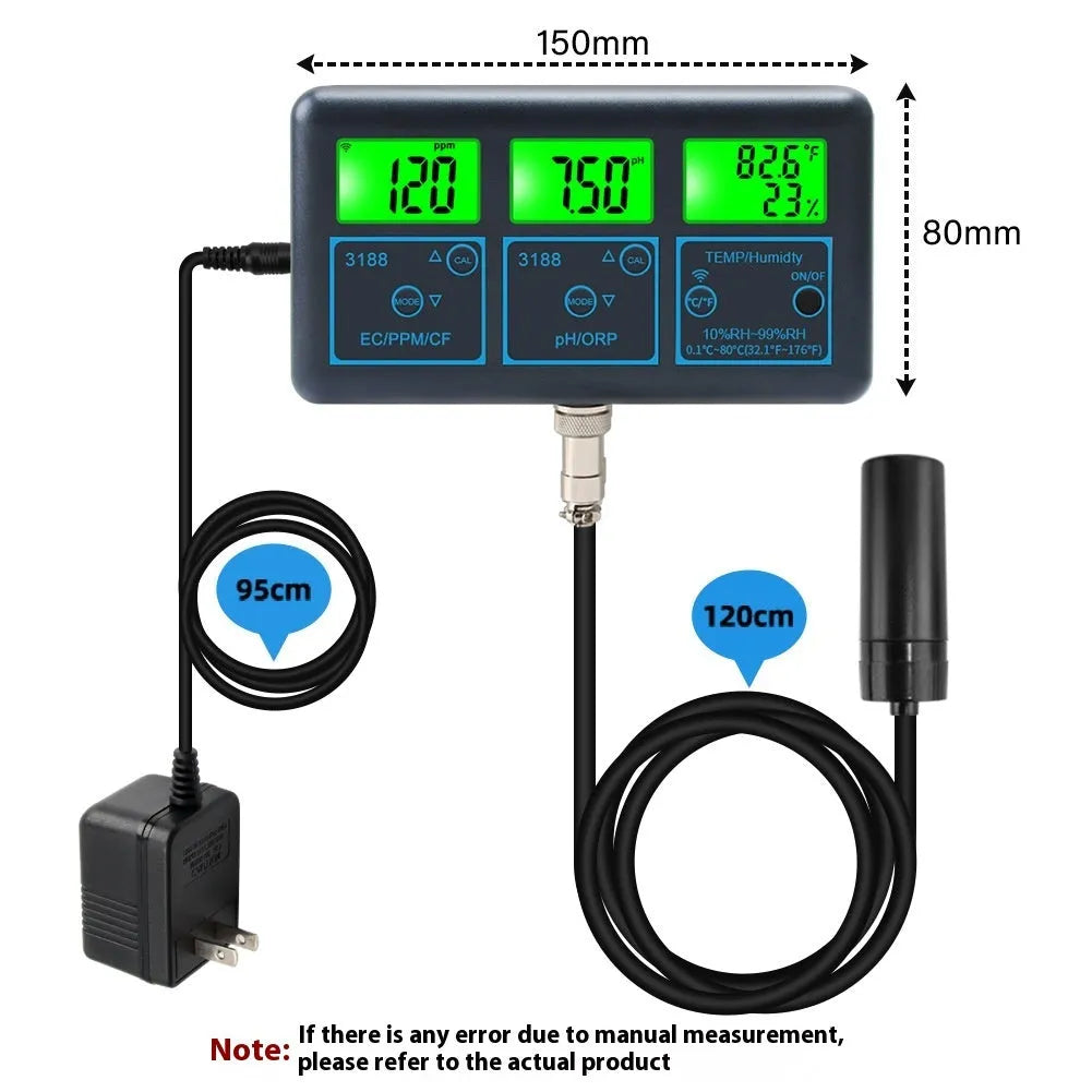 7-in-1 WiFi water quality monitor in black with Graffiti app interface showing EC TDS pH ORP temperature data