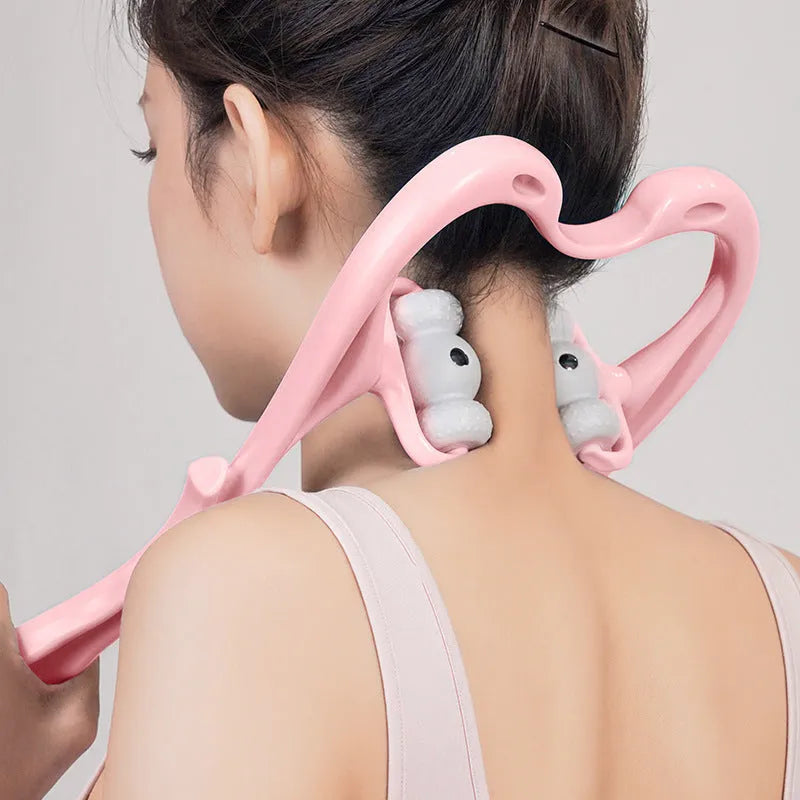 Blue handheld neck massager roller with pressure points on a grey background