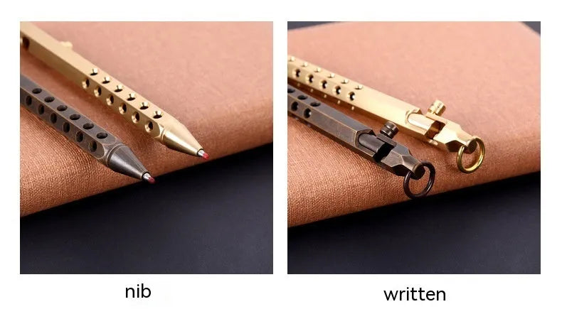 Brass hexagonal bolt-action pen showing six-angle design and bolt mechanism