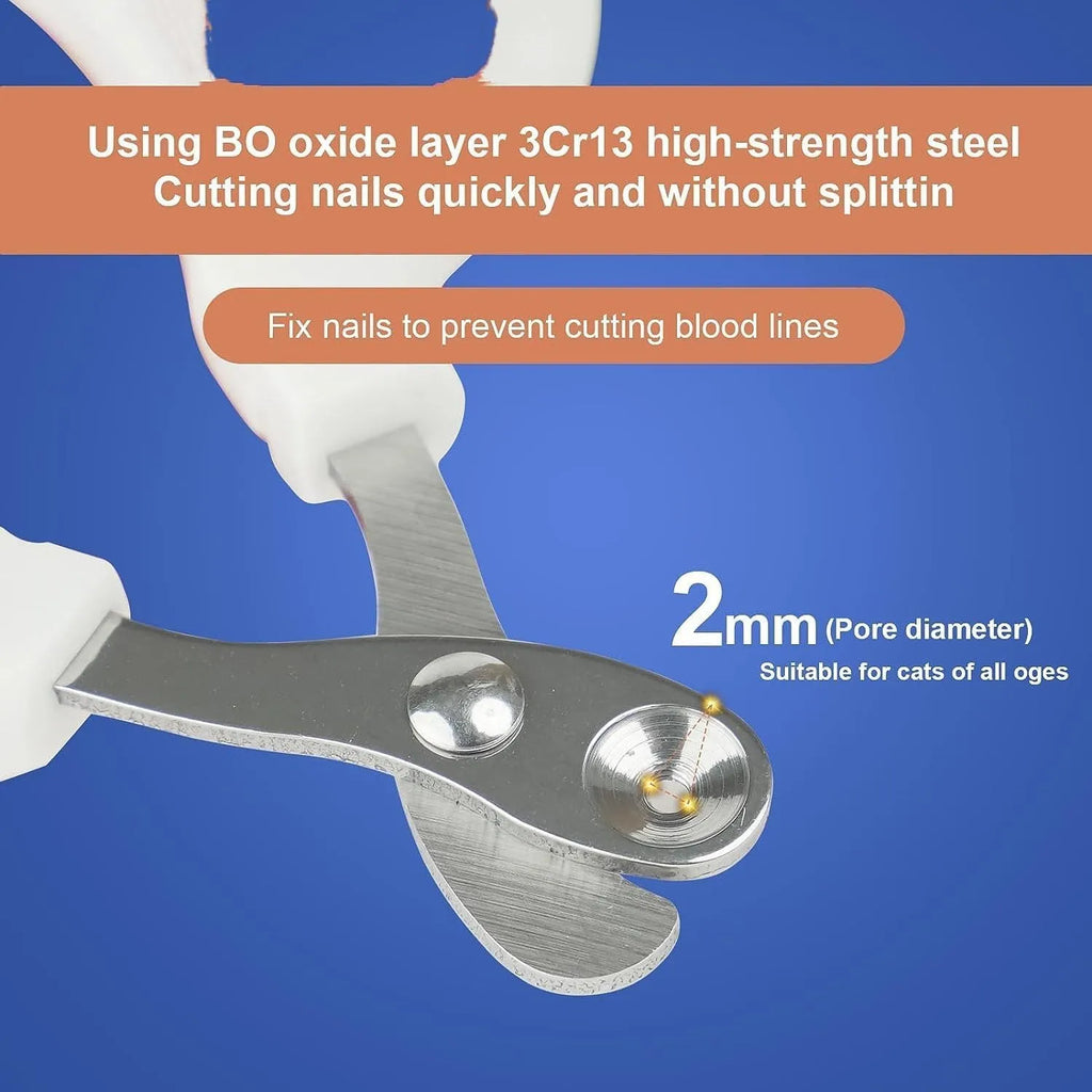 Blue pet nail clippers with a circular safety hole and non-slip handle on a white background.