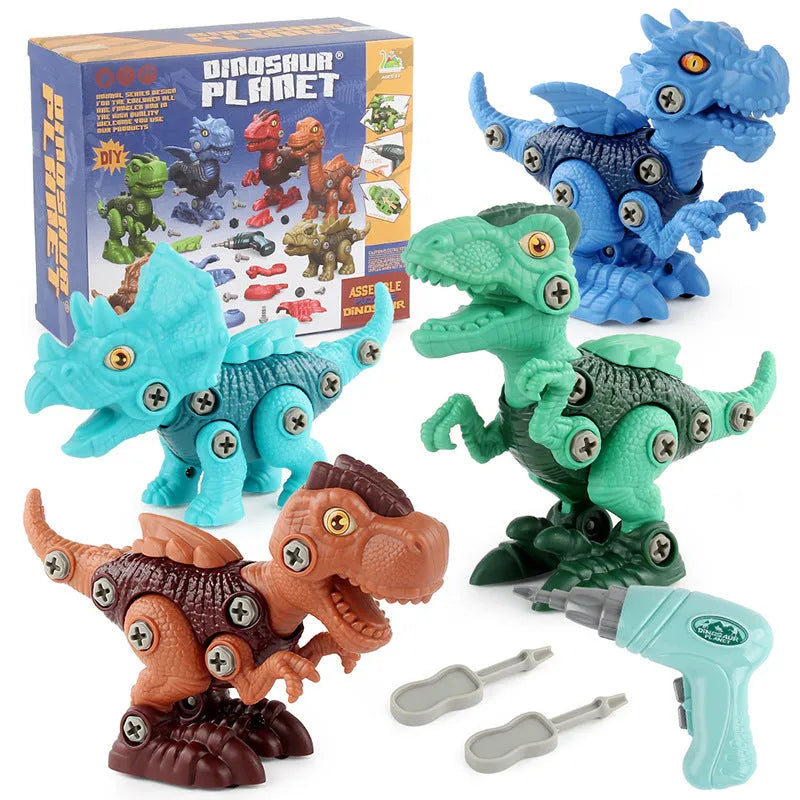 Six assembled dinosaur building block toys made from ABS plastic on a table